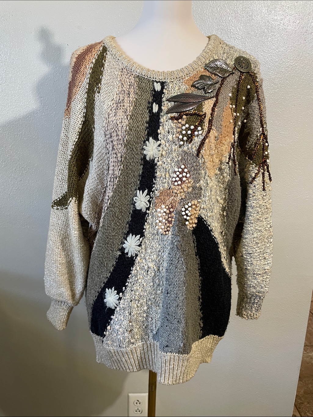 Vtg Kocal Beaded Sweater Metal Leaf Embellished Cotton Blend Artwear M Top Knit